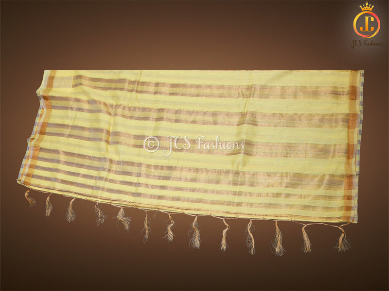 Vertical Zari weaved Lemon Yellow Tissue Linen Saree With Blouse