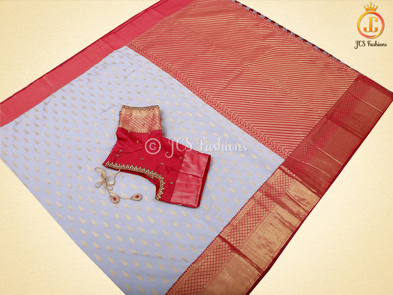 Kanchipuram Blended Silk Saree With fully stitched Blouse, Korvai Border