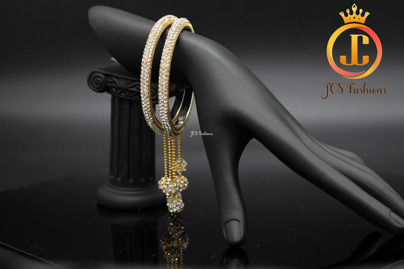 Mild Silver White Colour Stone Bangles With Stone Hanging Balls
