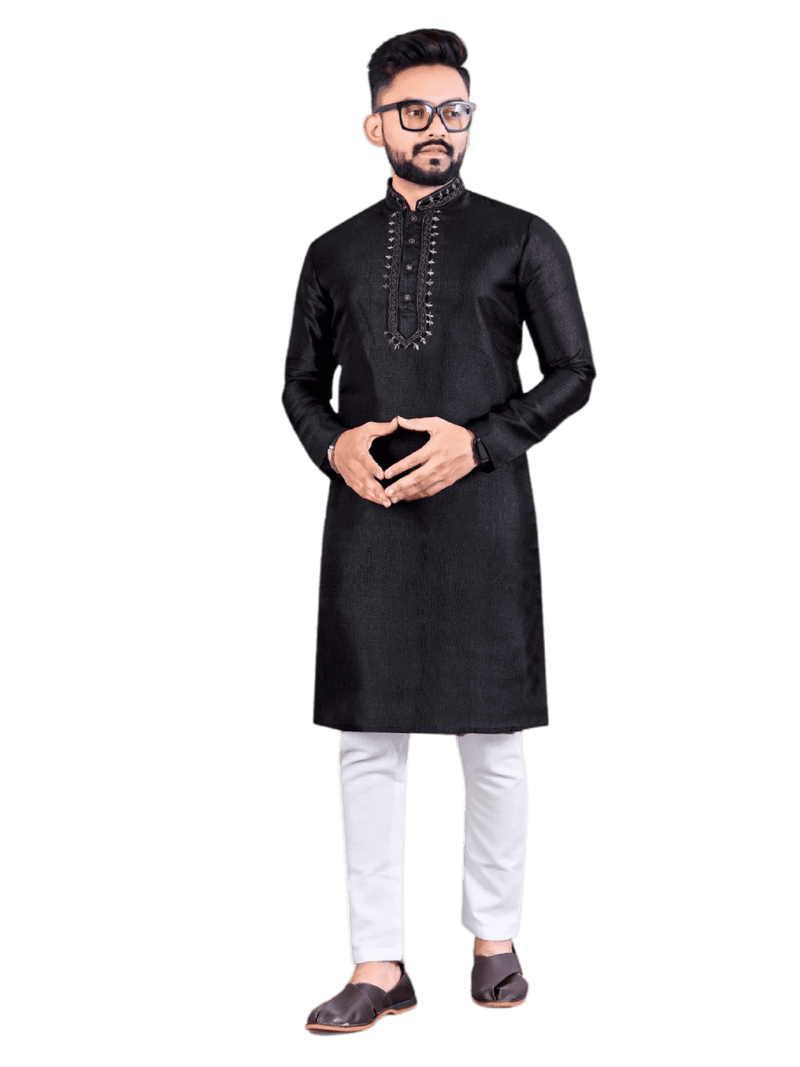 Black Color Chanderi Silk Kurta Set For Men