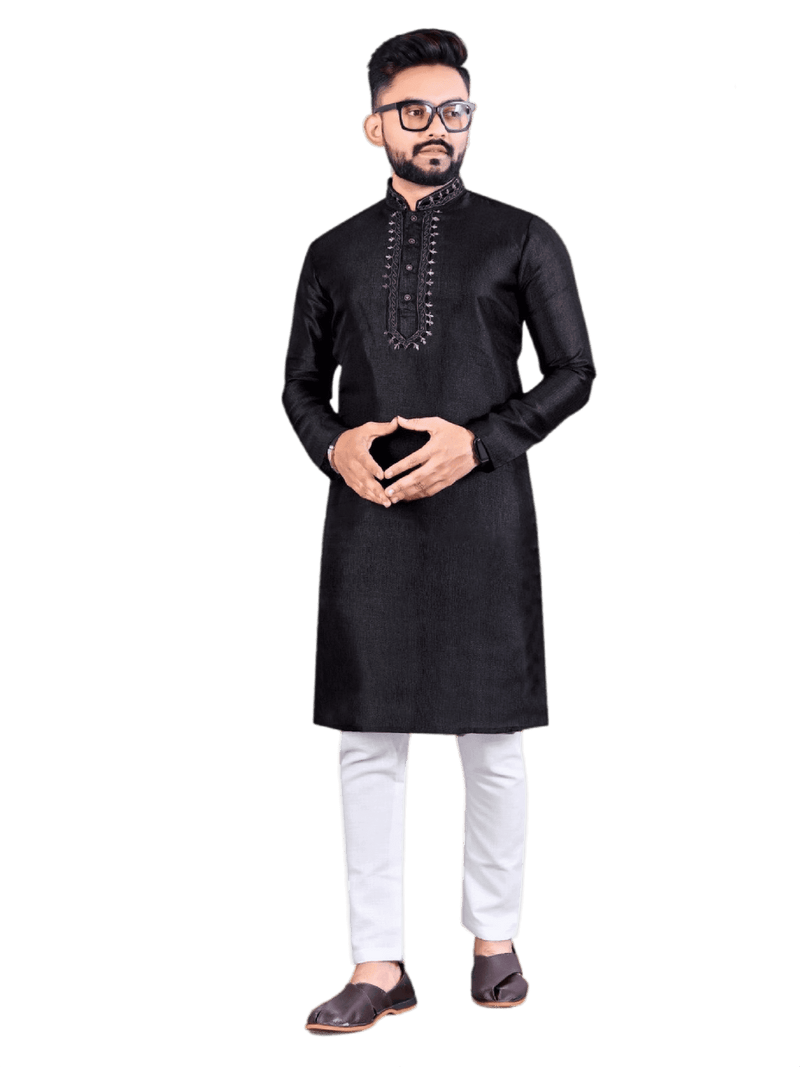 Black Color Chanderi Silk Kurta Set For Men | JCS Fashions