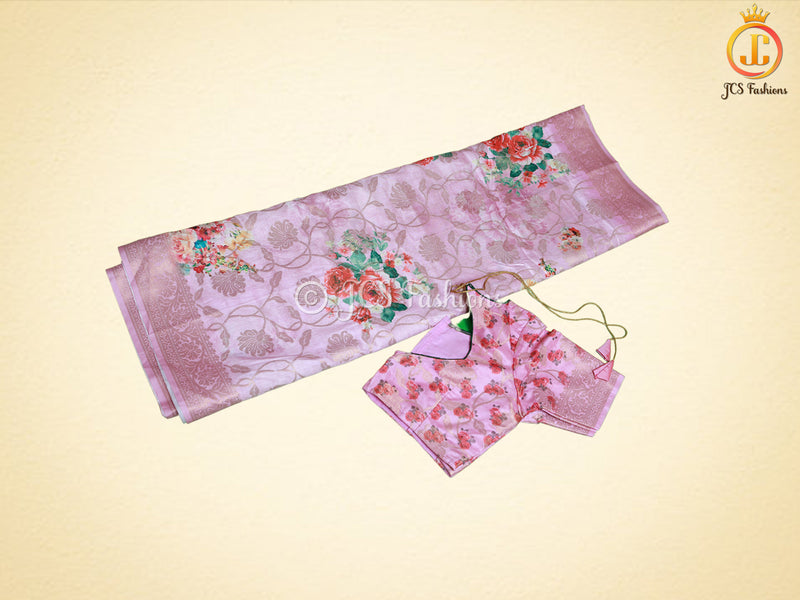 Semi Munga silk saree with digital print and weaving design. Grand pallu.