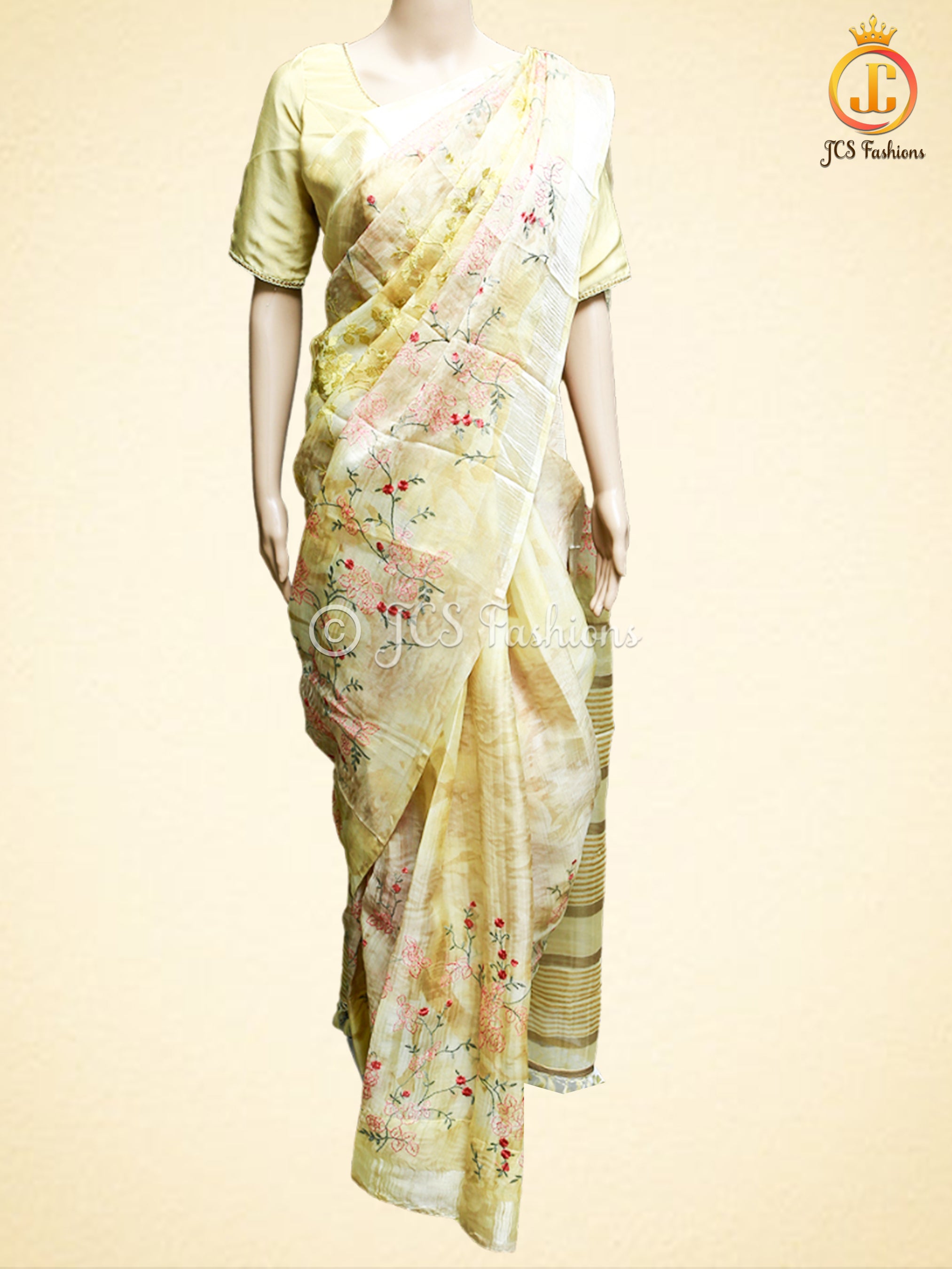 Soft Organza Saree With embroidery and zari work, Fully stitched blouse SAREE JCS Fashions yellow 5.5 meters