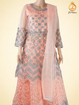 Traditional Embroidery And Mirror Work Soft Net Lehenga