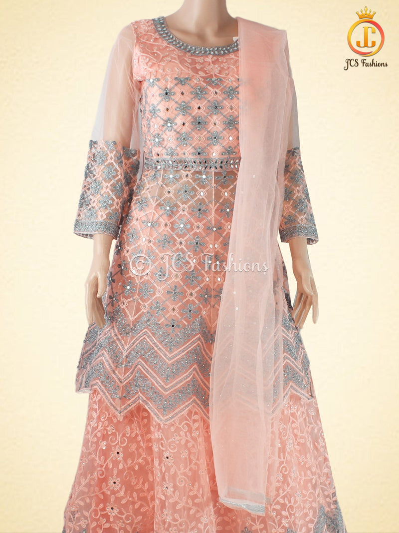 Traditional Embroidery And Mirror Work Soft Net Lehenga