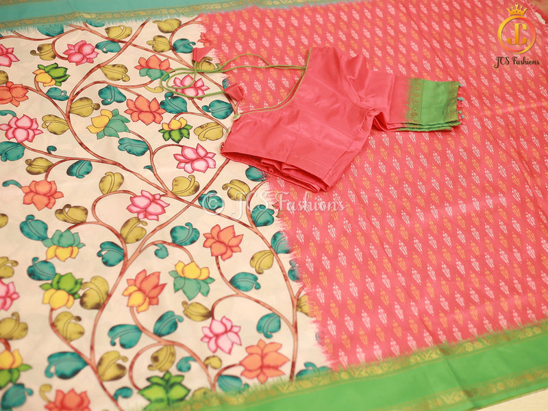 Satin Saree with Pitchwai And Kalamkari Design, Fully stitched blouse
