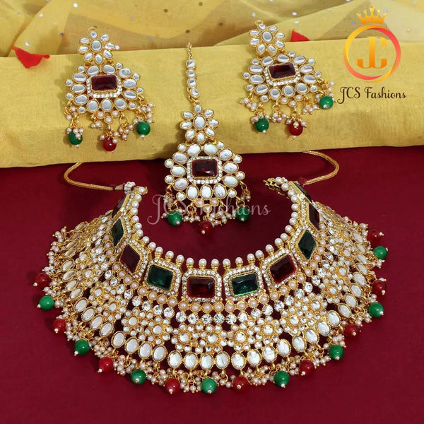 Maroon and Green Kundan necklace set with earrings and tikka