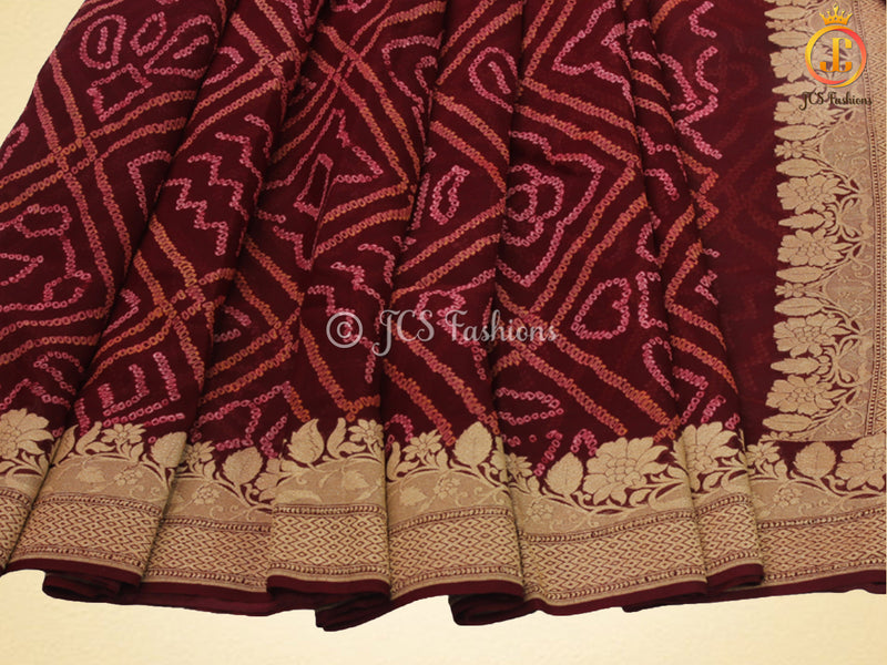 Maroon Pure Khaddi Georgette Rai Bandhej Saree, Silk Mark Certified