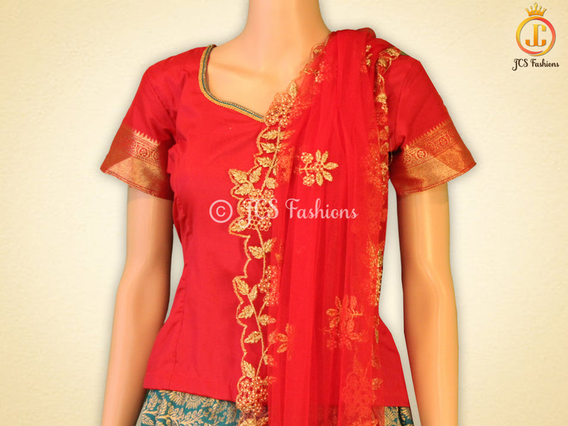 Banarasi Lehenga with Crop Top | Pavadi for Teens | half saree| Bottle Green