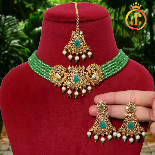 Green color Antique Choker Necklace Set with earrings and tikka