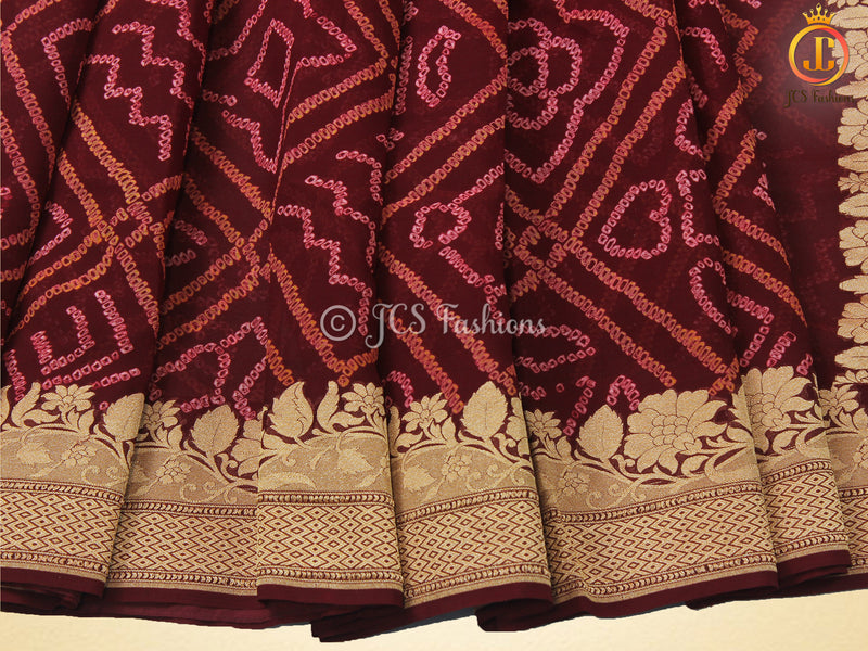 Maroon Pure Khaddi Georgette Rai Bandhej Saree, Silk Mark Certified