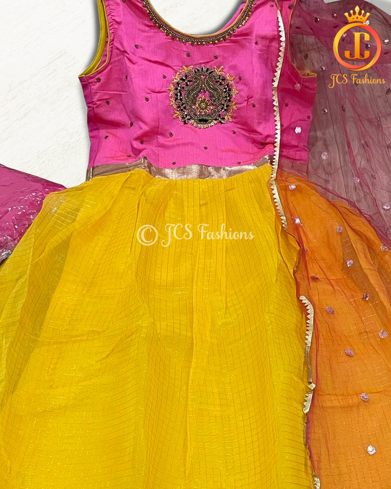 Long Gown with Zari Borders in Pink and Yellow