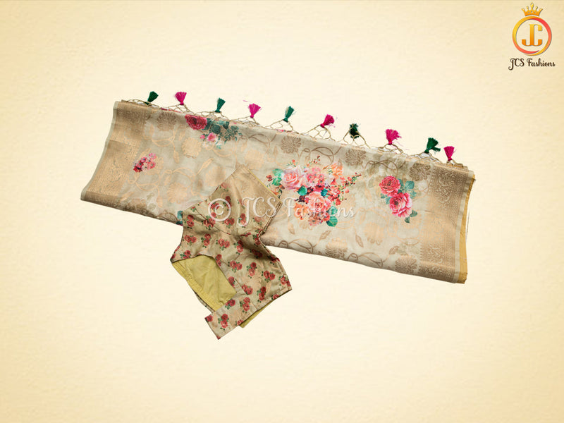 Semi Munga Silk Weaving Saree With floral prints, Fully Stitched blouse