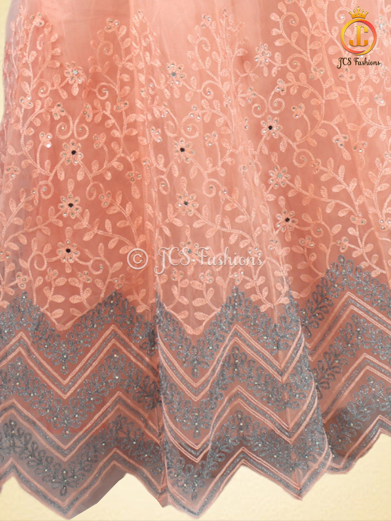 Traditional Embroidery And Mirror Work Soft Net Lehenga
