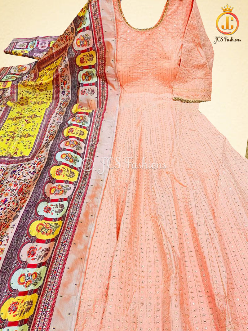 Anarkali Gown With Banarasi Silk Dupatta, Heavy Sequins Work.