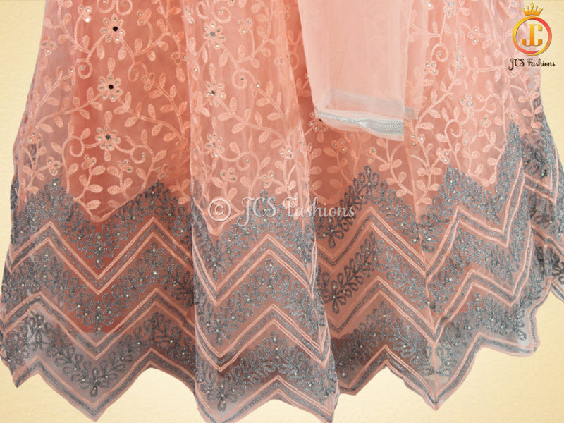 Traditional Embroidery And Mirror Work Soft Net Lehenga