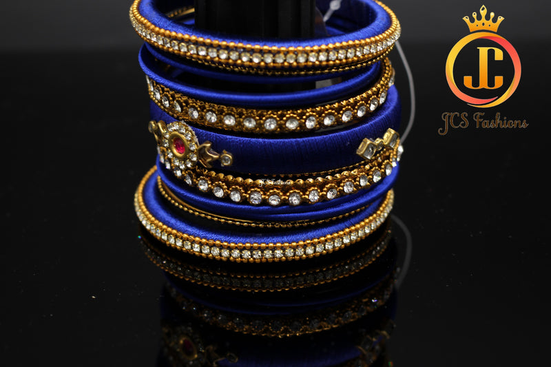 Silk Thread Bangles with Kundan and Stone Work in Royal Blue Color