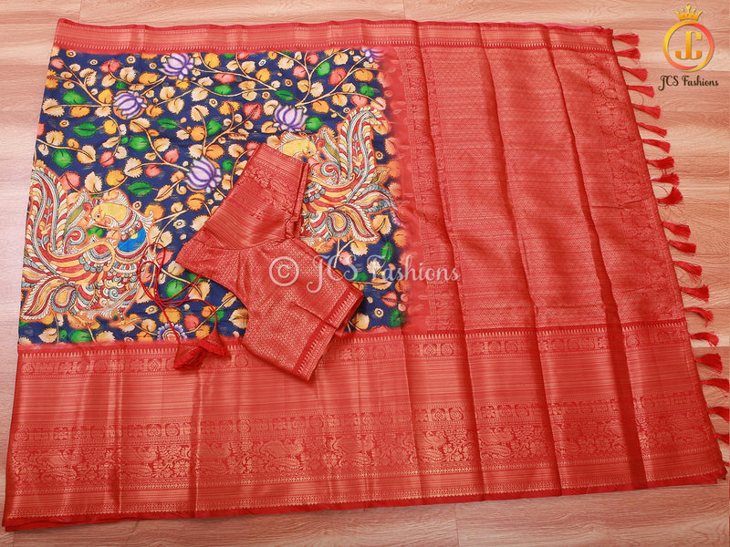 Kalamkari Saree With Kanchipuram Zari Border - Blue