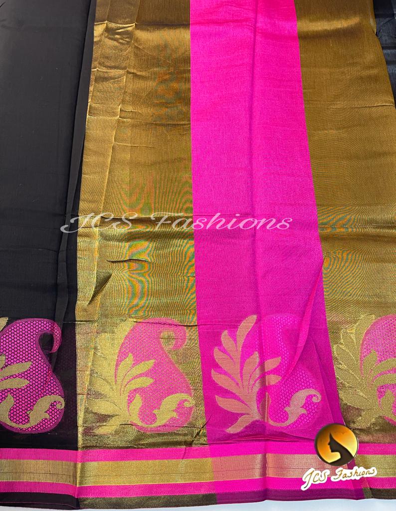 Black And Pink Silk Cotton Saree With Running Blouse SAREE JCS Fashions