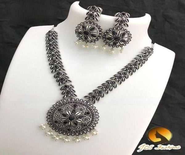German Silver Necklace Set with Earrings - Elegant Ethnic Jewelry