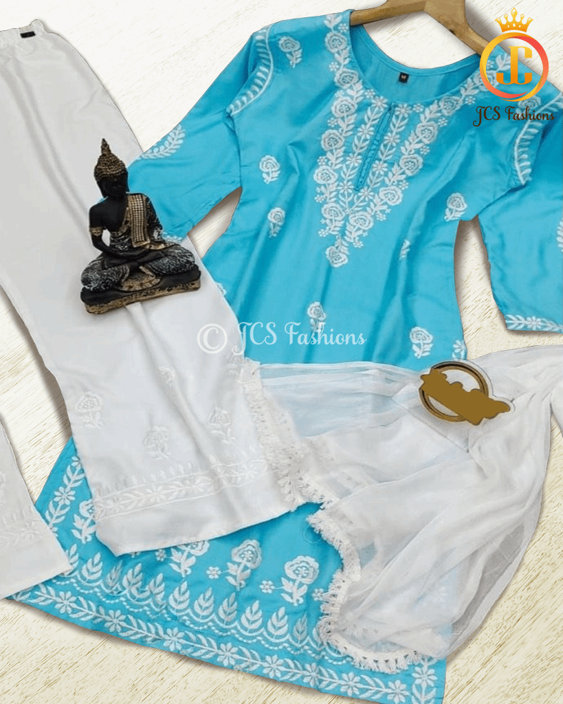 Three piece palazzo suit Indian wear|Beautiful embroidery work on yoke Kurti JCS Fashions