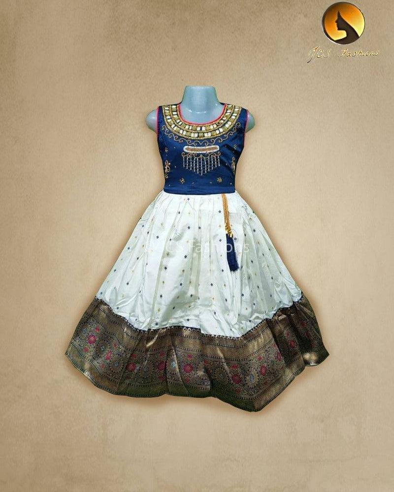 Kid's silk cotton frock | Half White and Navy Blue