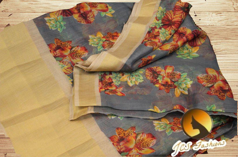 Jute Linen Saree with ready to wear blouse. golden border