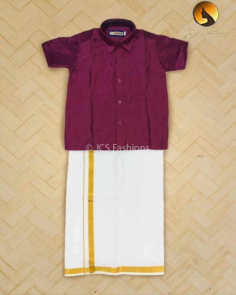 Chutti Boys Pattu Silk Velcro Dhoti and Semi Silk Shirt Set