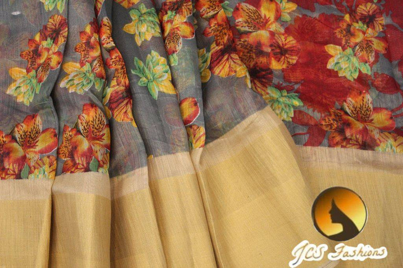Jute Linen Saree with ready to wear blouse. golden border