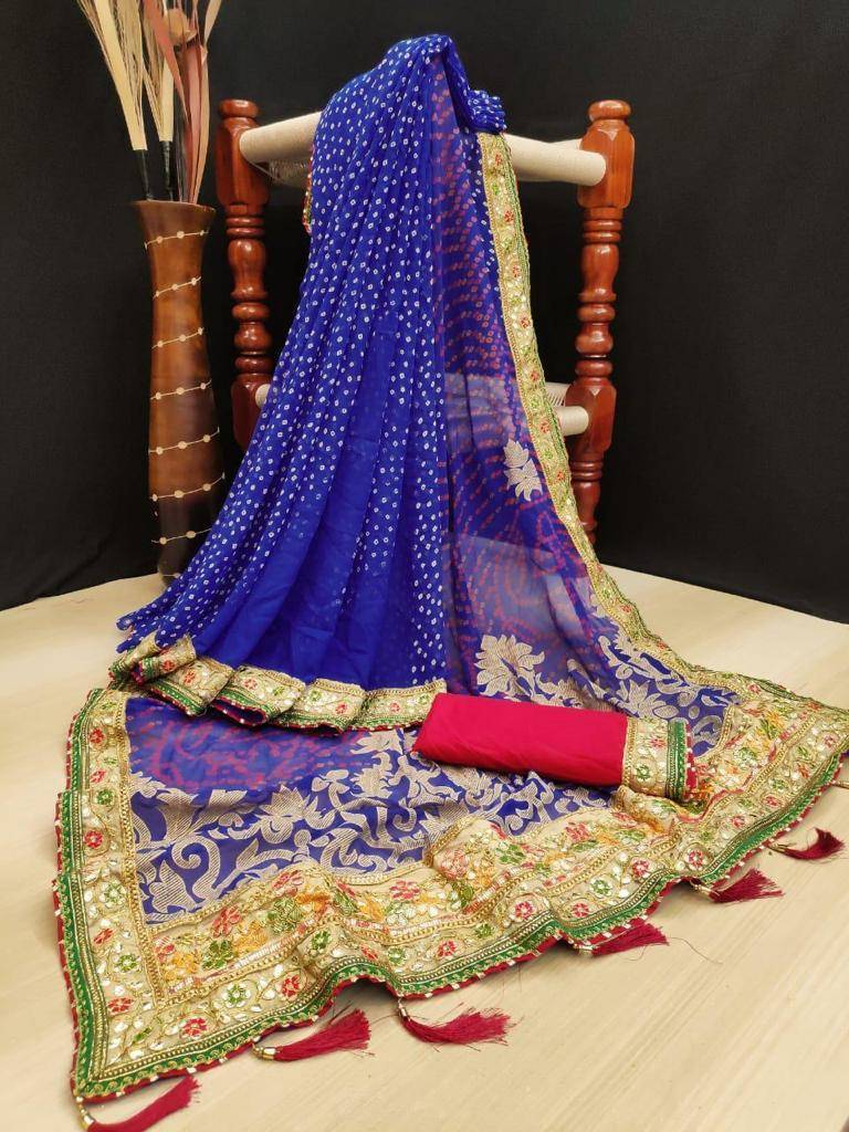 Georgette Saree with Fancy Bandhani Print, Gota Patti & Embroidery Border SAREE JCS Fashions Default Title