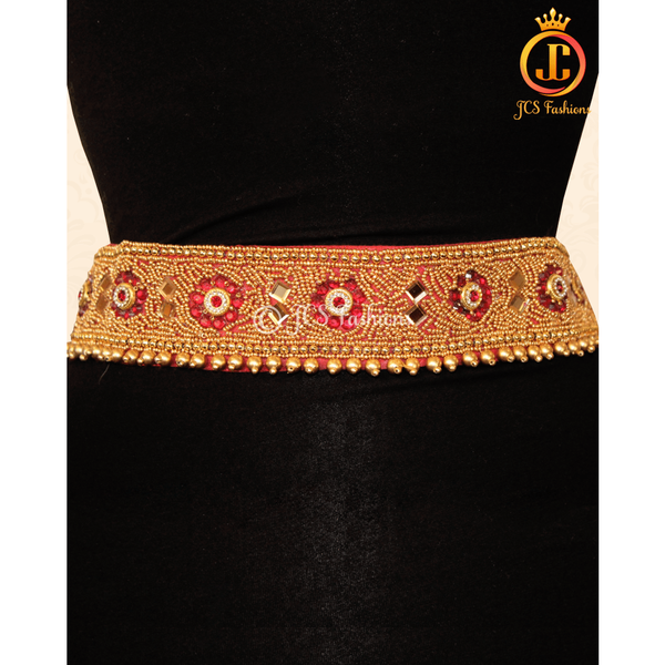 Red Stone Aari Work Hip Belt 30"-36" - Traditional Elegance