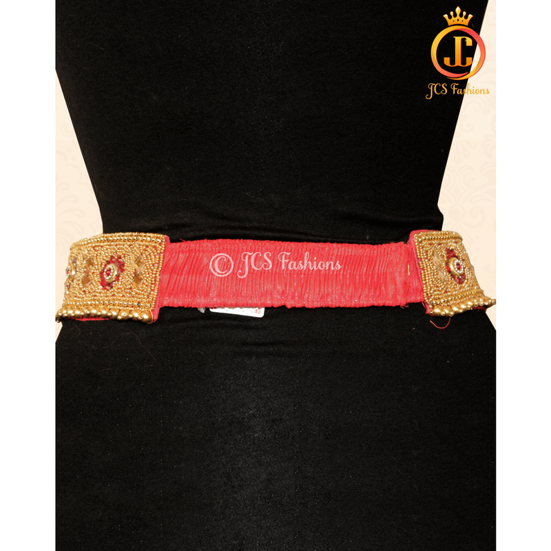 Red Stone Aari Work Hip Belt 30"-36" - Traditional Elegance