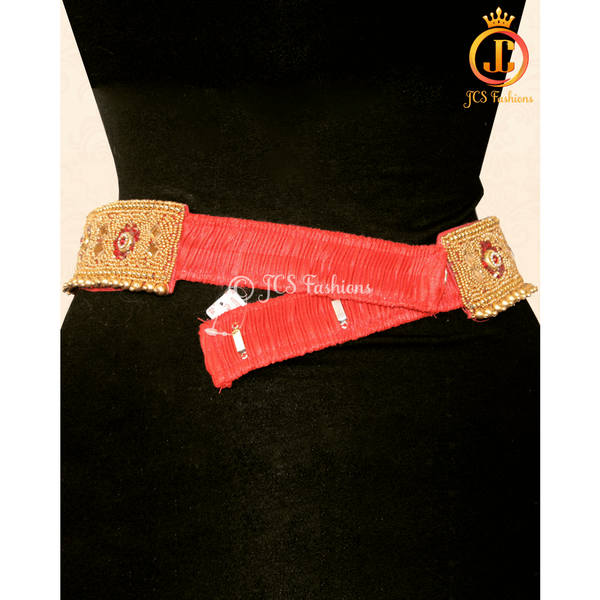 Red Stone Aari Work Hip Belt 30"-36" - Traditional Elegance