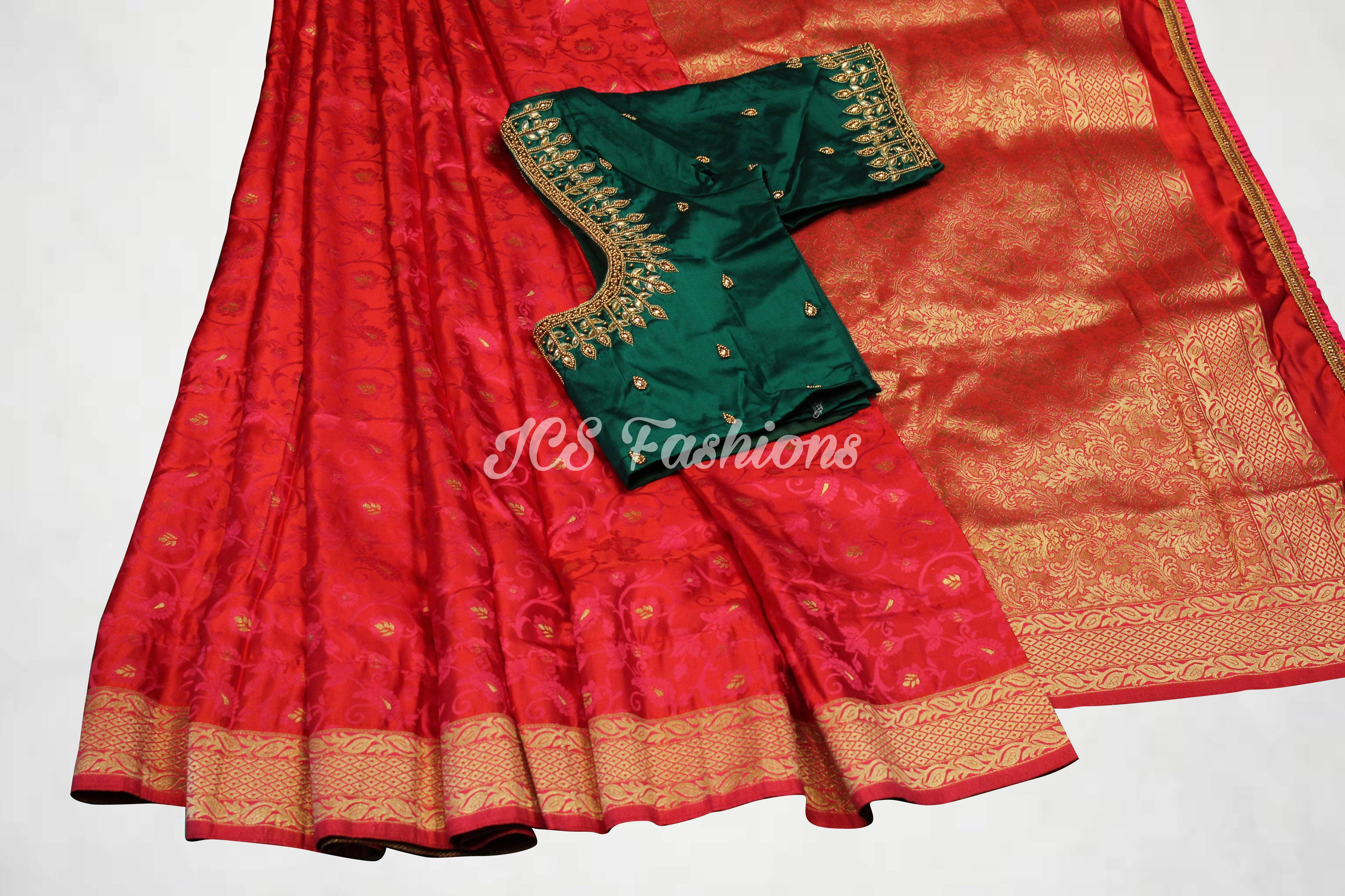 Soft Silk Saree, Fully Stitched Maggam Work Blouse Saree JCS Fashions Tomato red 5.5 meters