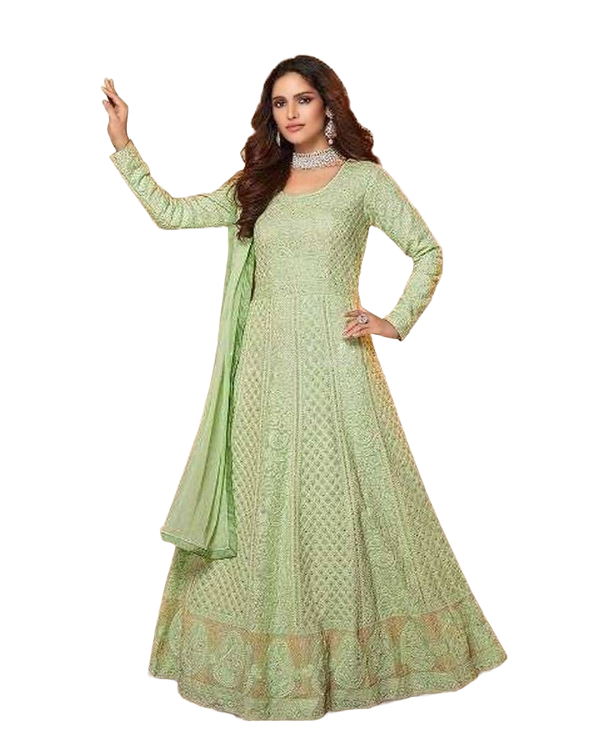 Real Gorgette Floor length Kurti Wtih Dupatta. Heavy embroidery. Green