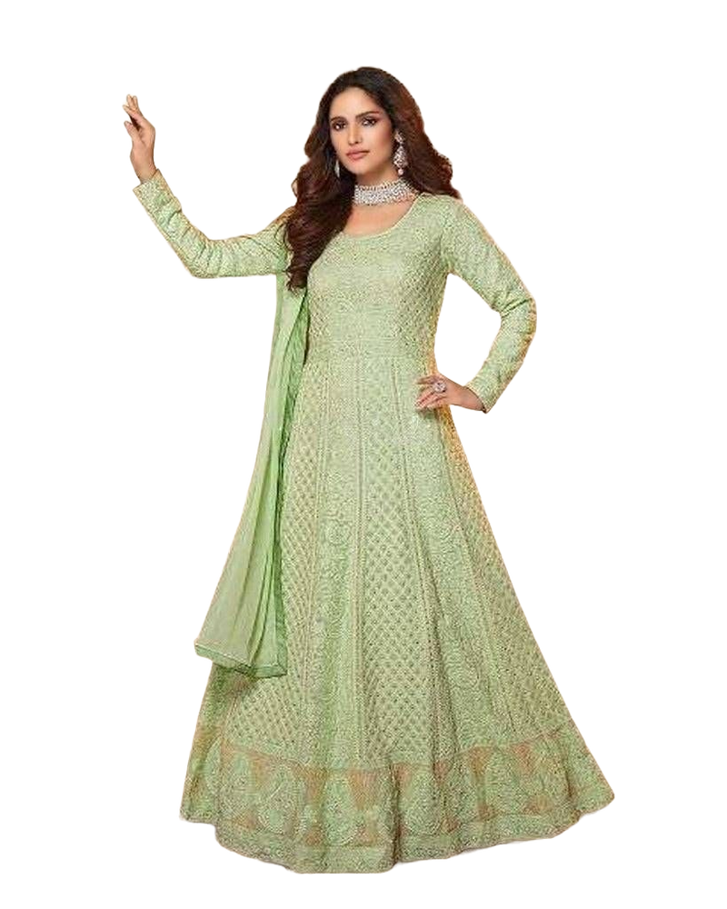 Real Gorgette Floor length Kurti Wtih Dupatta. Heavy embroidery. Green