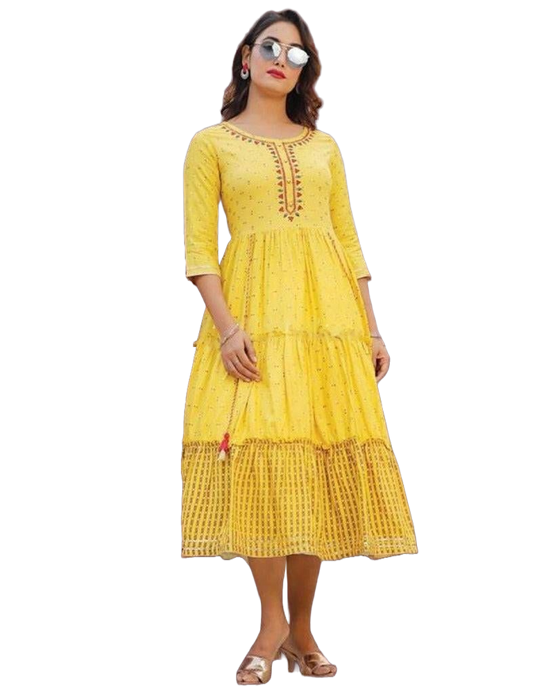 Yellow Bollywood Style Indian Kurti Gown. Ships from USA