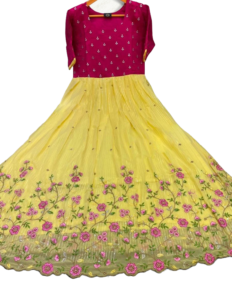 Exquisite Heavy Beads and Sequins work Long Frock in Yellow.