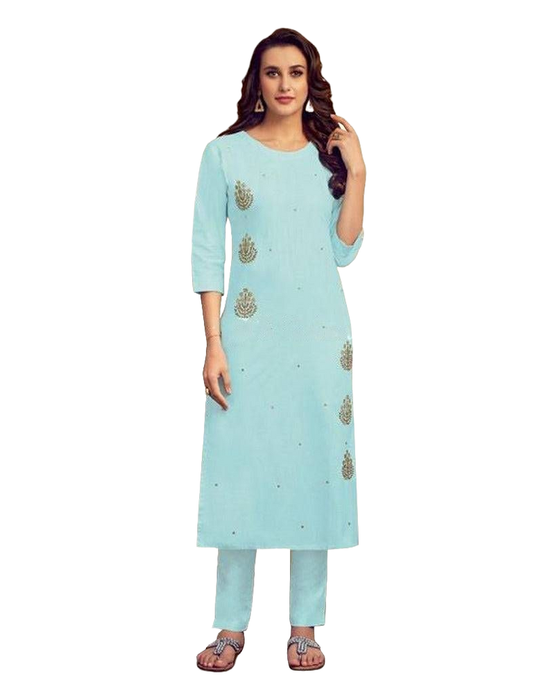 Cotton Kurti With beautiful hand embroidery in Pastel Blue