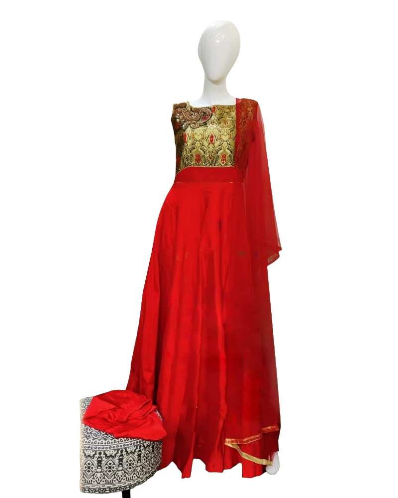 Buy Women's South Indian Silk Gown Banarasi Model One Piece Maxi Long Dress  for Girls Traditional Full Length Sungudi Anarkali Long Frock for Women  Readymade Fullstiched Gaun (Cream, XXXL) at Amazon.in