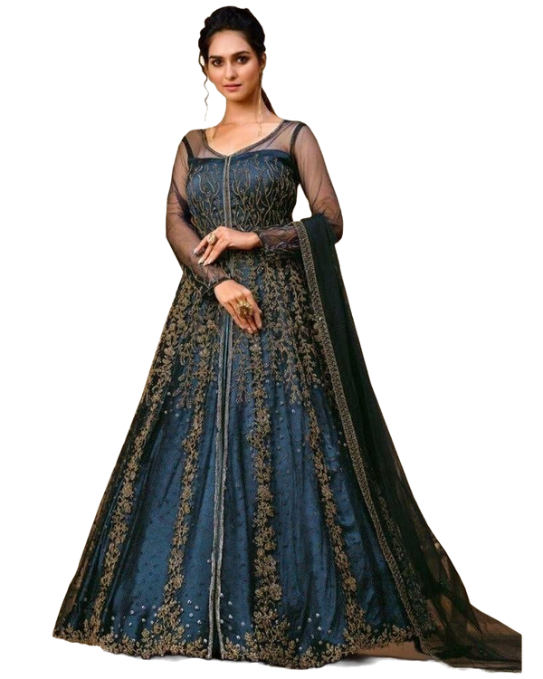 Blue Net Designer Long Gown With Bottom and Dupatta