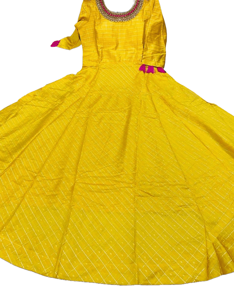 Traditional Anarkali long gown with self zari weaving in Yellow