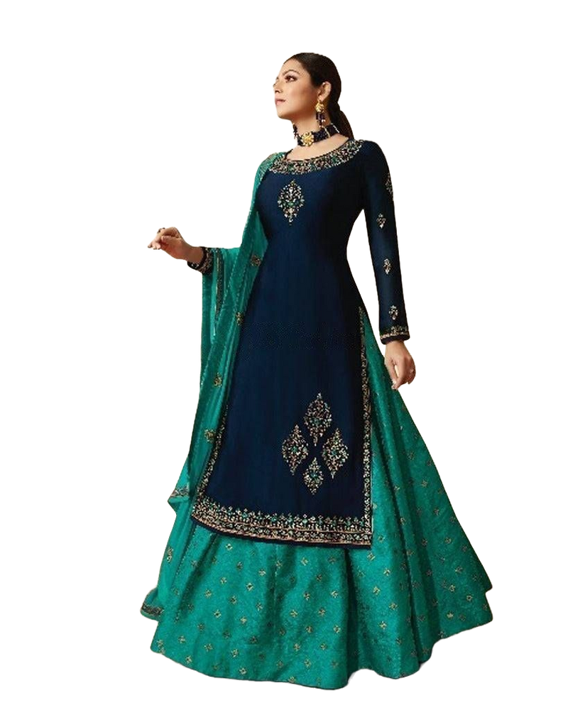 Designer Stylish Embroidery Kurti in Navy Blue with Green