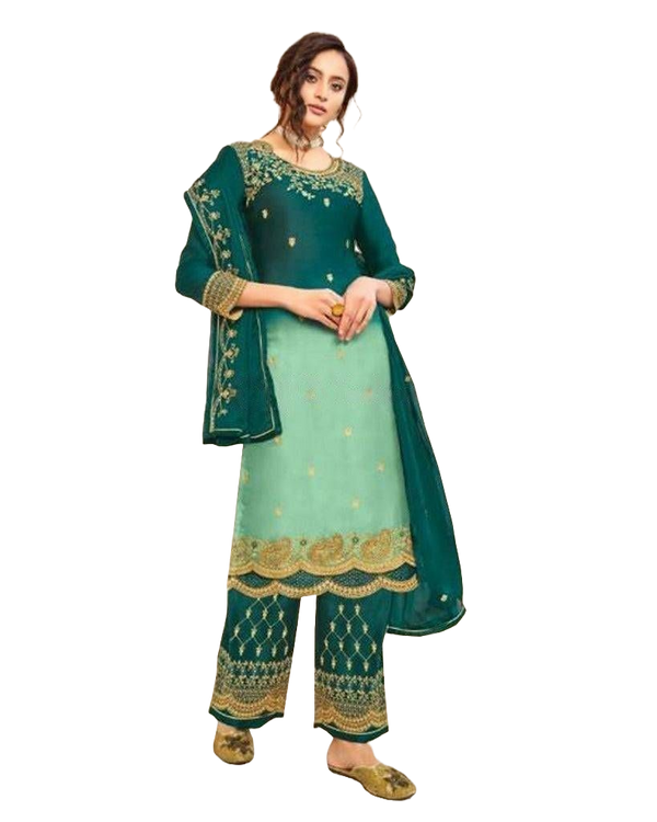 Soft Silk Three Piece salwar suit In Two shade green