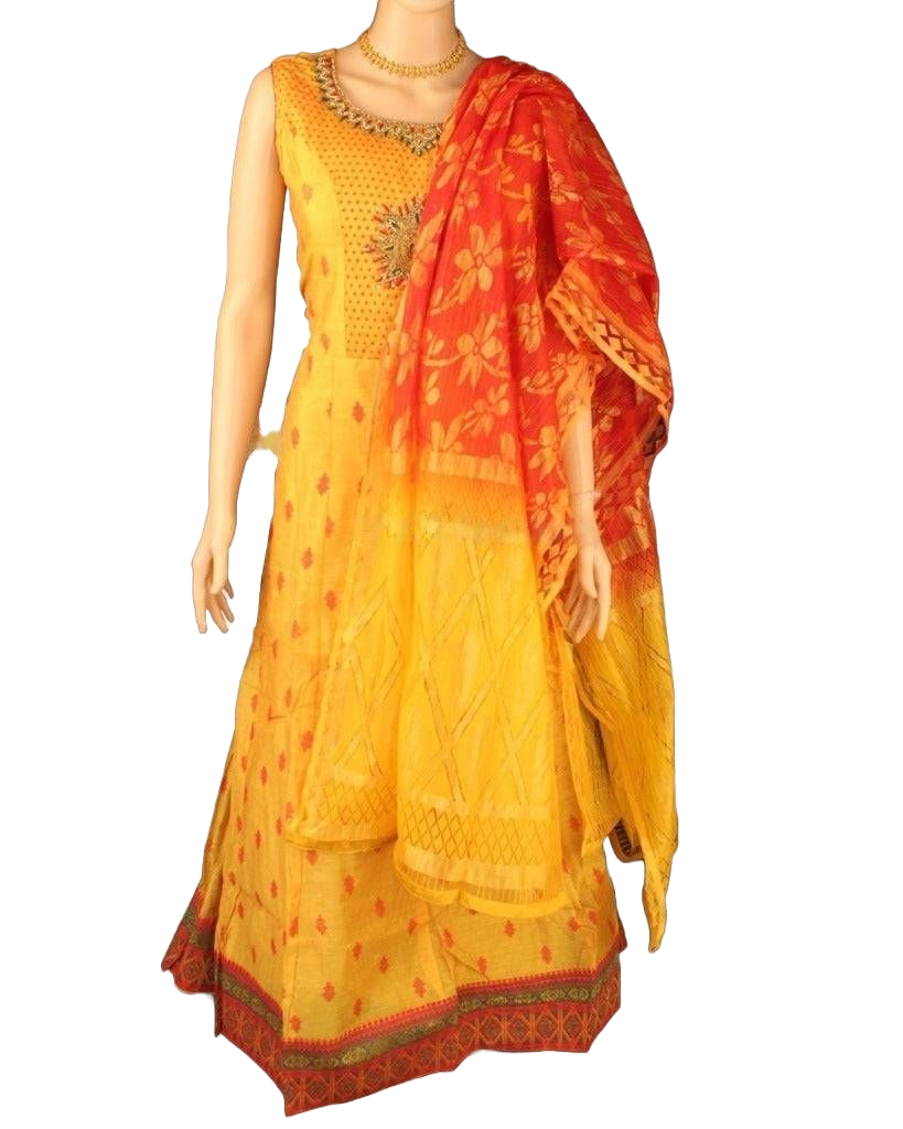 Stunning Premium Chanderi Long Gown with Elegant Embroidery Work Kurti JCS Fashions Orangish Yellow X-Large (42)