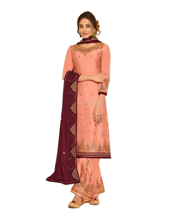 Soft Silk Three Piece salwar suit In Peach