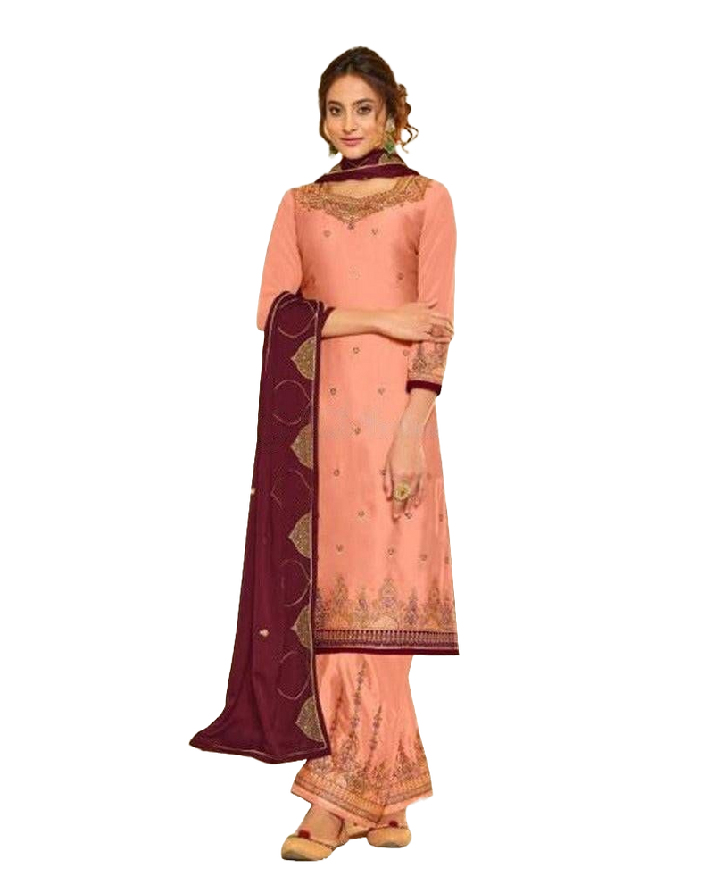 Soft Silk Three Piece salwar suit In Peach