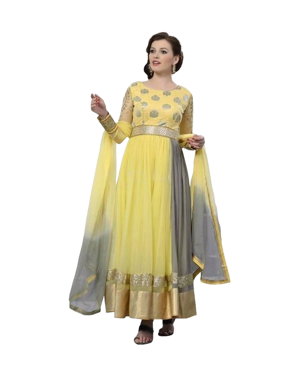 Yellow Indian Anarkali Gown Dress, Fully Stitched Indian Outfit.