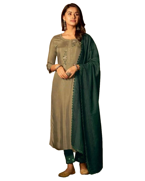 Fancy hand work 3 piece Salwar suit in Greenish Brown