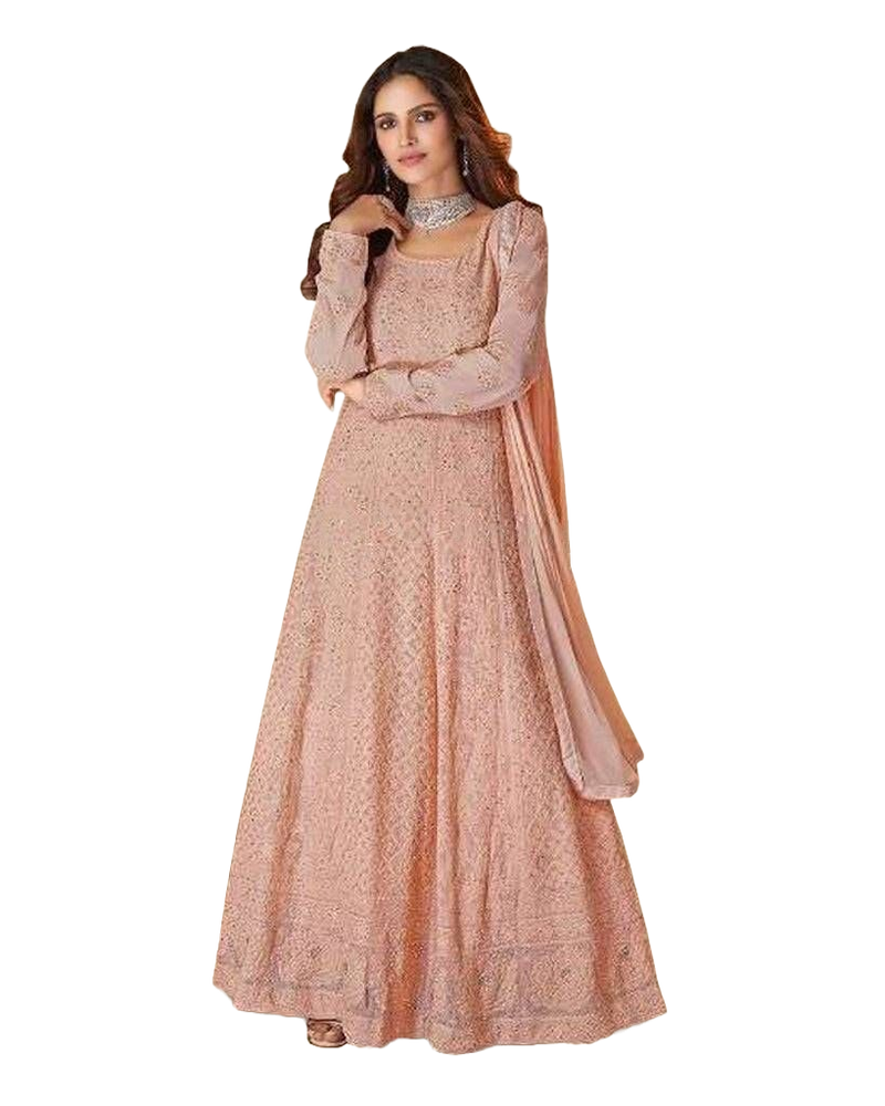 Real Gorgette Floor length Kurti Wtih Dupatta. Heavy embroidery. Peach